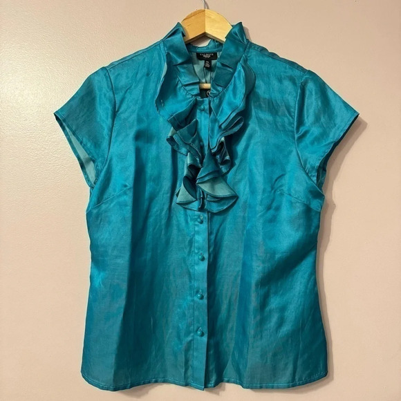 Talbots Turquoise Silk Cotton Ruffle  Bib Top Blouse Womens Size 14P NWT - Picture 1 of 9